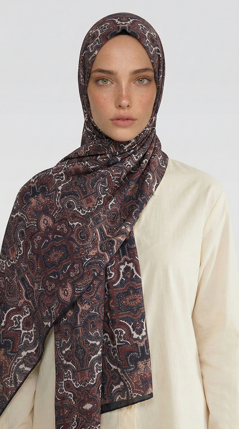 LARA MOTİF DESENLİ COTTON ŞAL - KAHVERENGİ / SİYAH