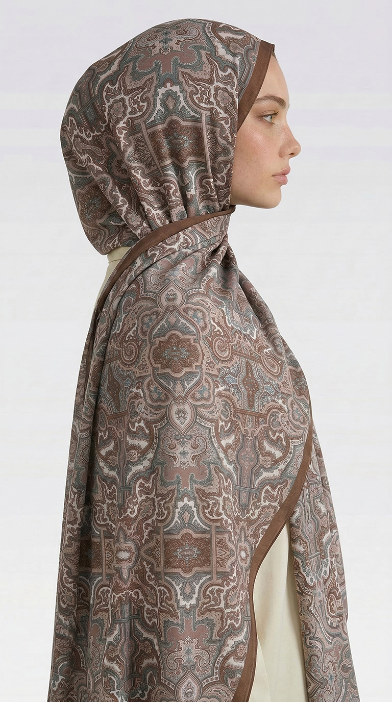 LARA MOTİF DESENLİ COTTON ŞAL - KAHVERENGİ / GRİ 