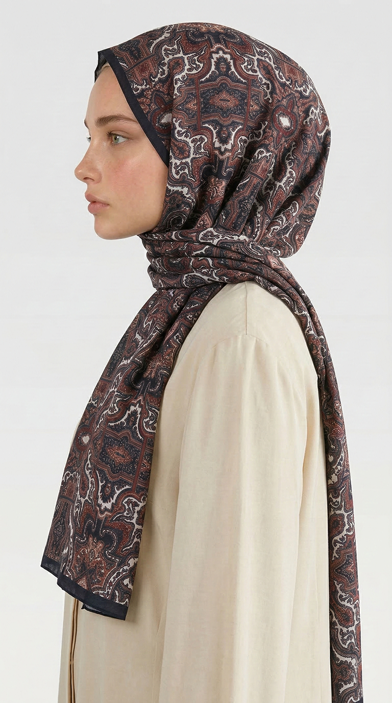 LARA MOTİF DESENLİ COTTON ŞAL - KAHVERENGİ / SİYAH