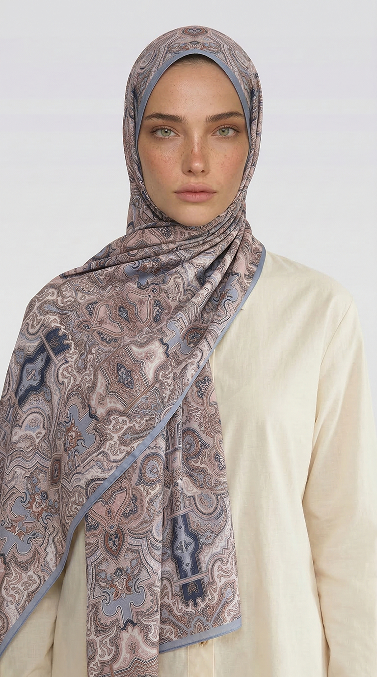 LARA MOTİF DESENLİ COTTON ŞAL -  MAVİ / EKRU