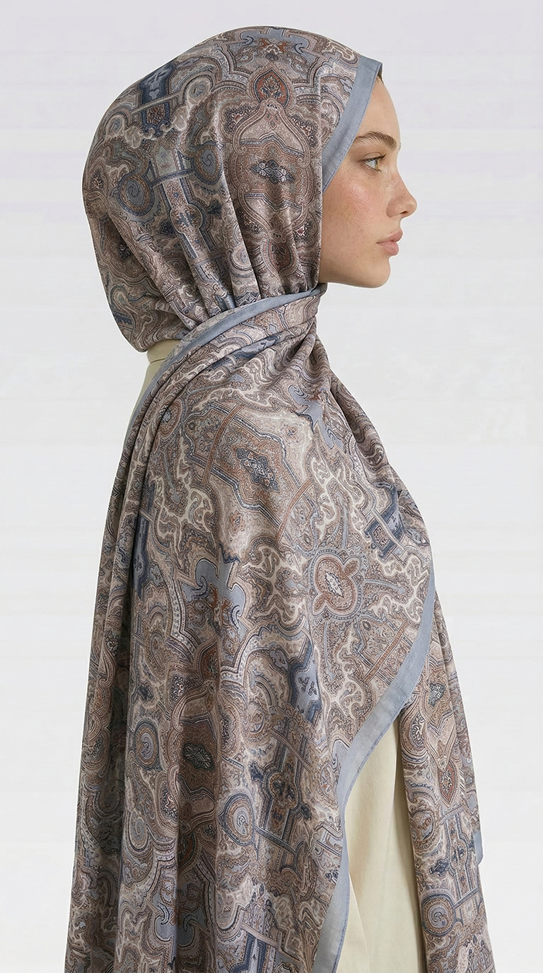 LARA MOTİF DESENLİ COTTON ŞAL -  MAVİ / EKRU