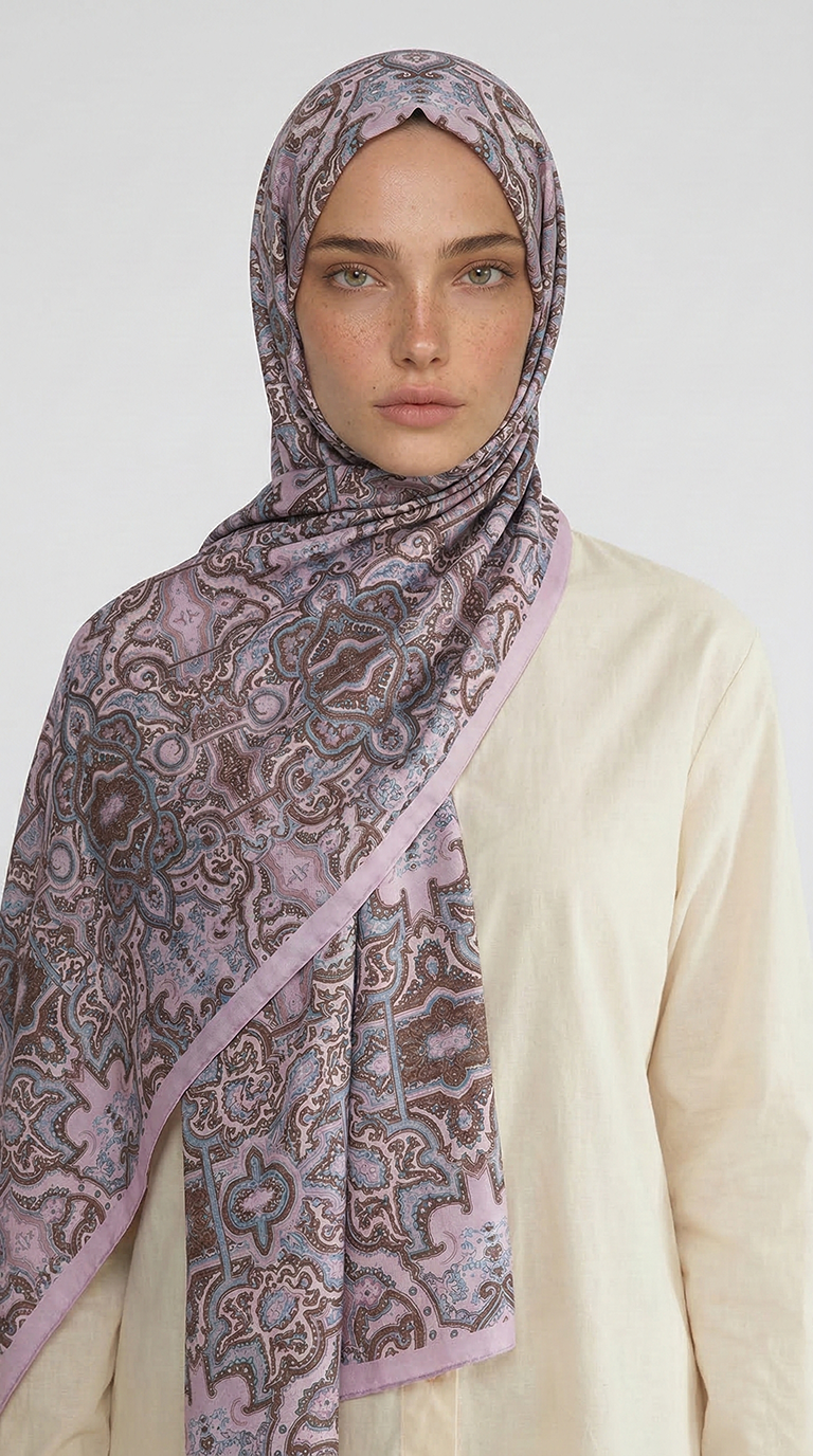 LARA MOTİF DESENLİ COTTON ŞAL - MAVİ / PUDRA