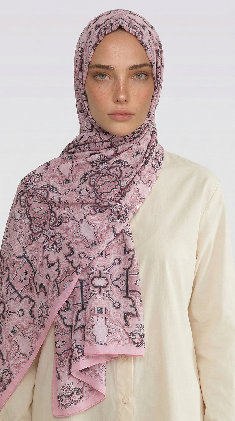 LARA MOTİF DESENLİ COTTON ŞAL - SİYAH / AÇIK PEMBE