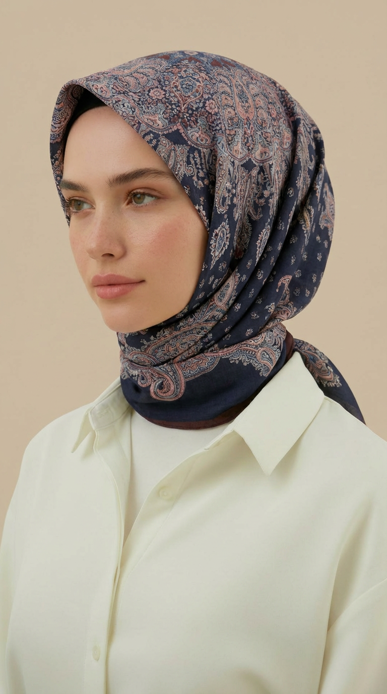 LAVİNİA DESENLİ 120*120 CM COTTON EŞARP   - LACİVERT / BORDO
