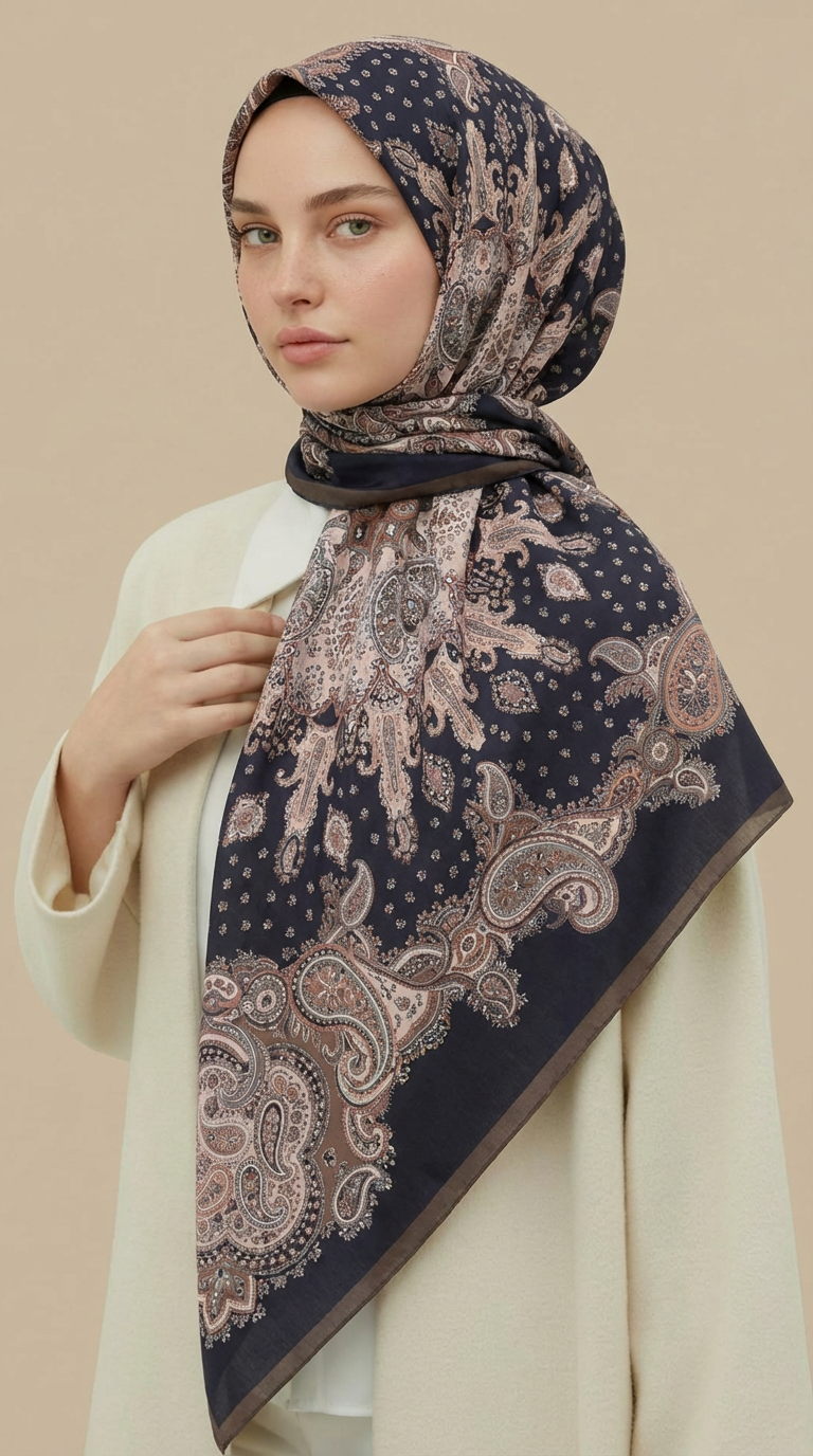 LAVİNİA DESENLİ 120*120 CM COTTON EŞARP   - KAHVE / SİYAH