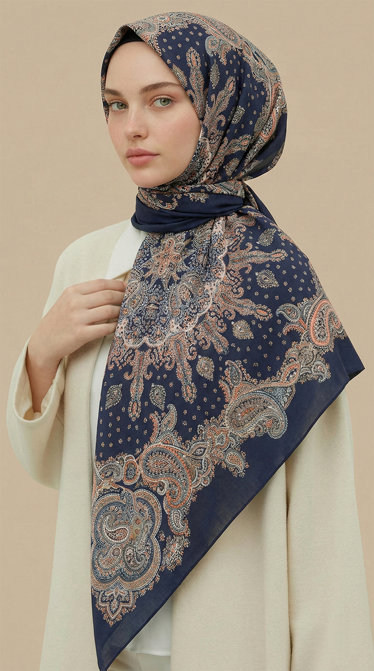 LAVİNİA DESENLİ 120*120 CM COTTON EŞARP   - YEŞİL / LACİVERT