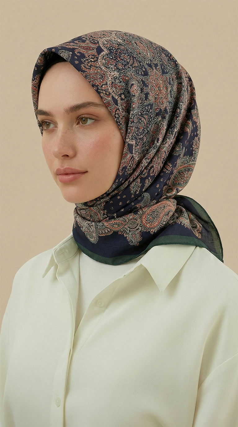 LAVİNİA DESENLİ 120*120 CM COTTON EŞARP   - YEŞİL / LACİVERT