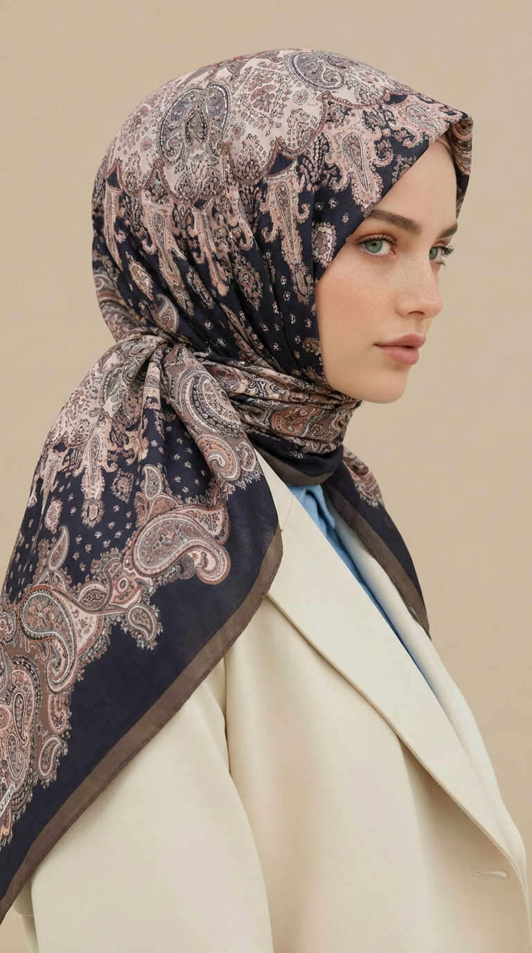 LAVİNİA DESENLİ 120*120 CM COTTON EŞARP   - KAHVE / SİYAH