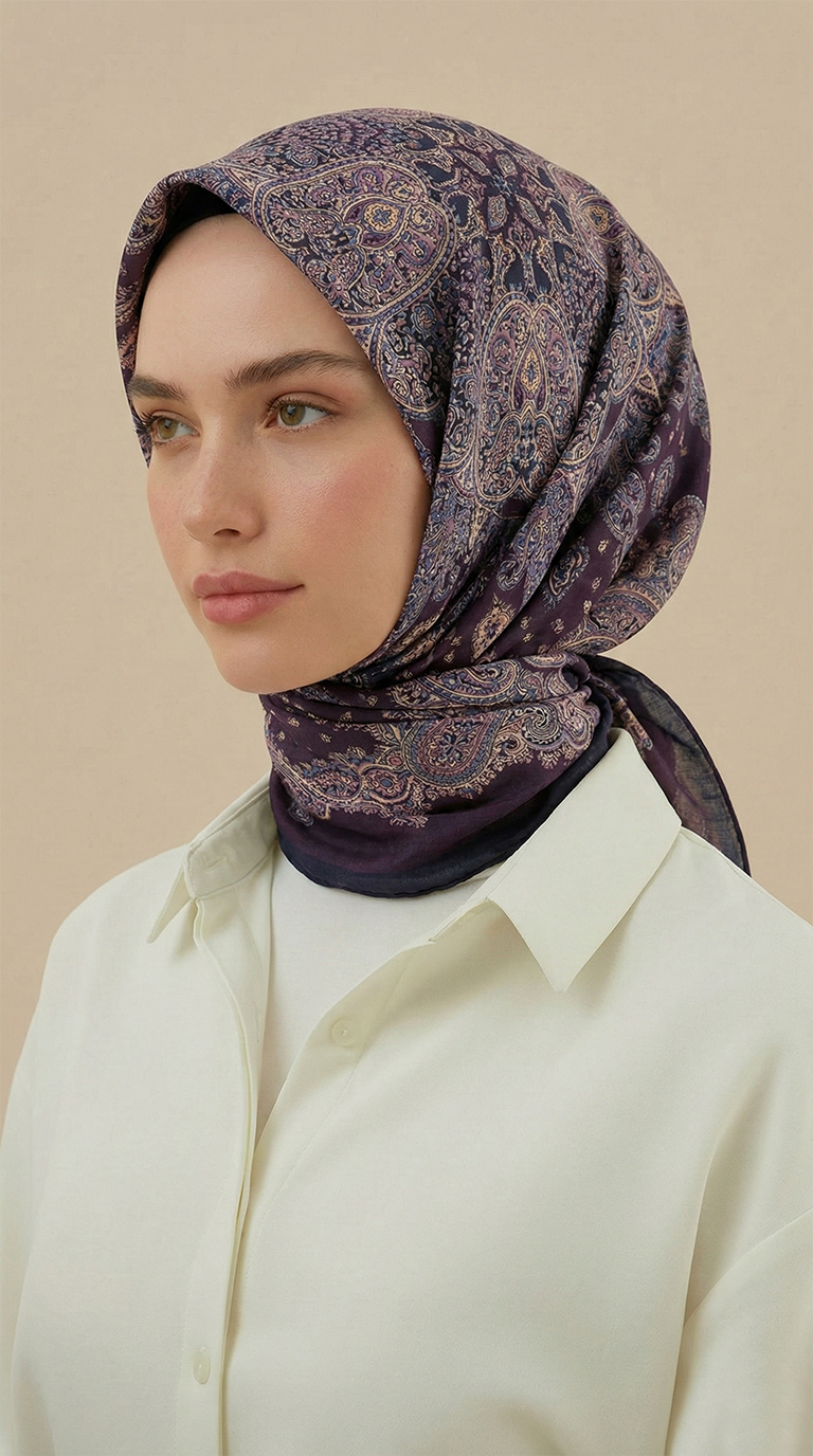 LAVİNİA DESENLİ 120*120 CM COTTON EŞARP   - LACİVERT / KİREMİT