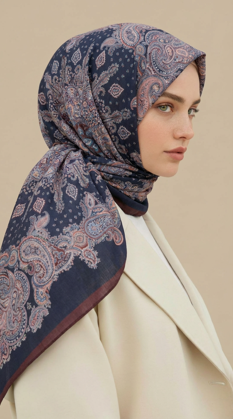 LAVİNİA DESENLİ 120*120 CM COTTON EŞARP   - LACİVERT / BORDO