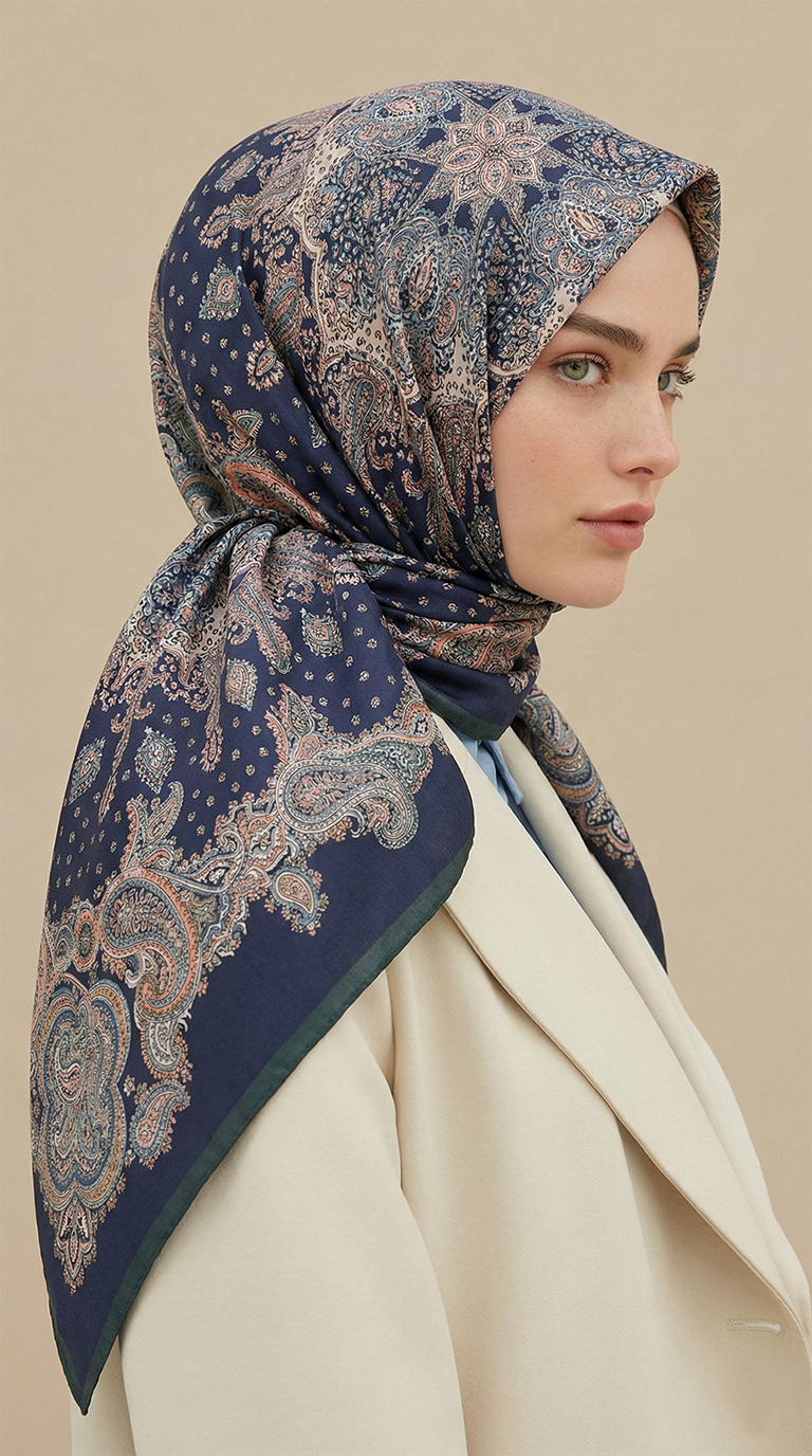 LAVİNİA DESENLİ 120*120 CM COTTON EŞARP   - YEŞİL / LACİVERT