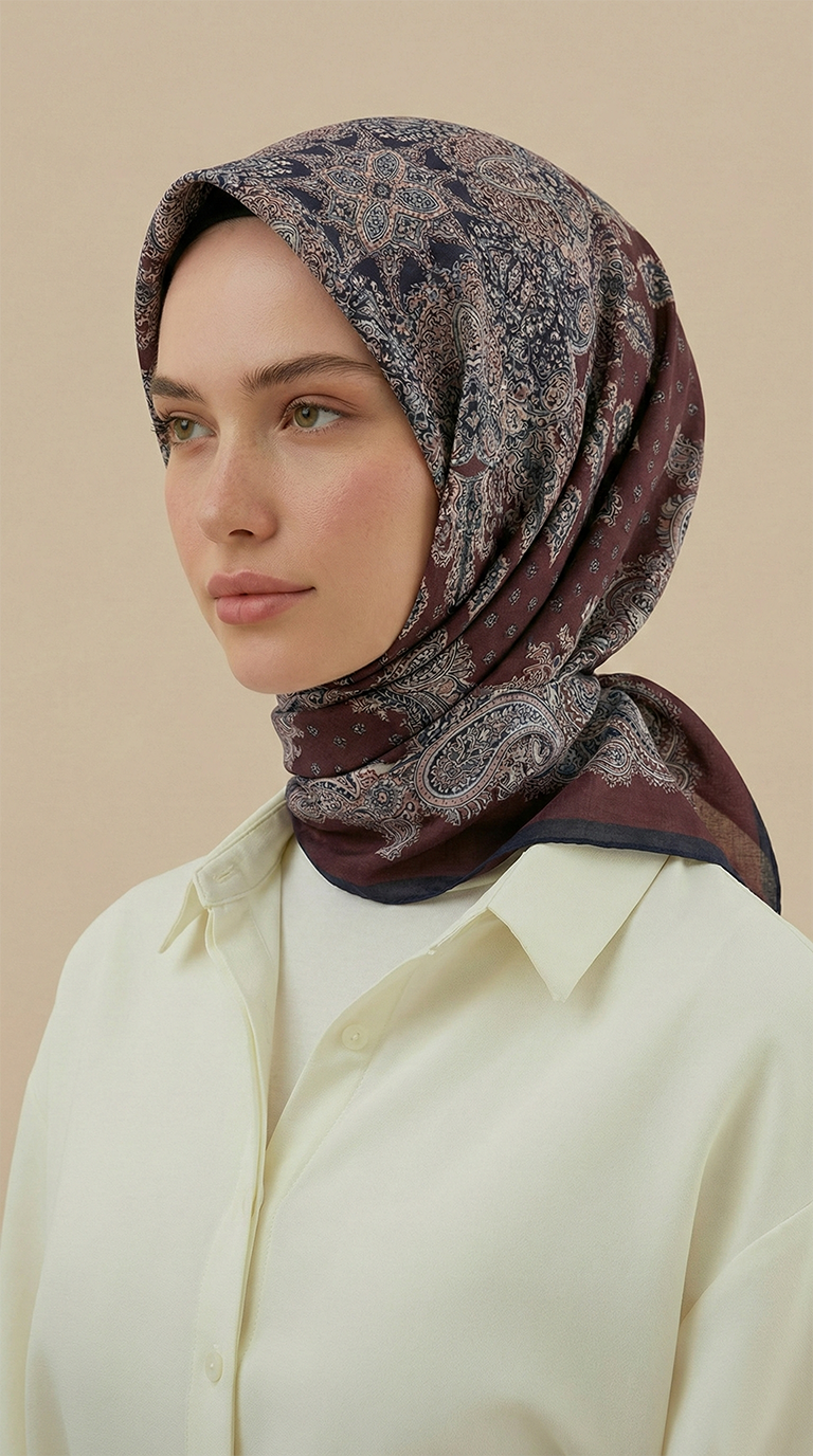 LAVİNİA DESENLİ 120*120 CM COTTON EŞARP   -BORDO 