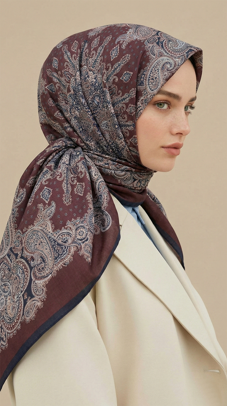 LAVİNİA DESENLİ 120*120 CM COTTON EŞARP   -BORDO 