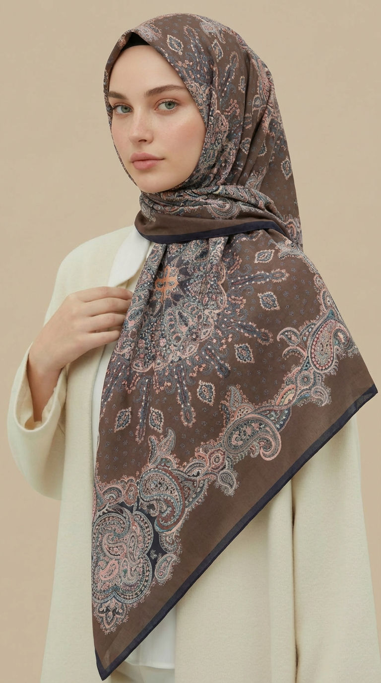 LAVİNİA DESENLİ 120*120 CM COTTON EŞARP   - KAHVERENGİ