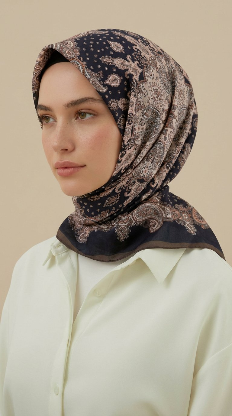 LAVİNİA DESENLİ 120*120 CM COTTON EŞARP   - KAHVE / SİYAH