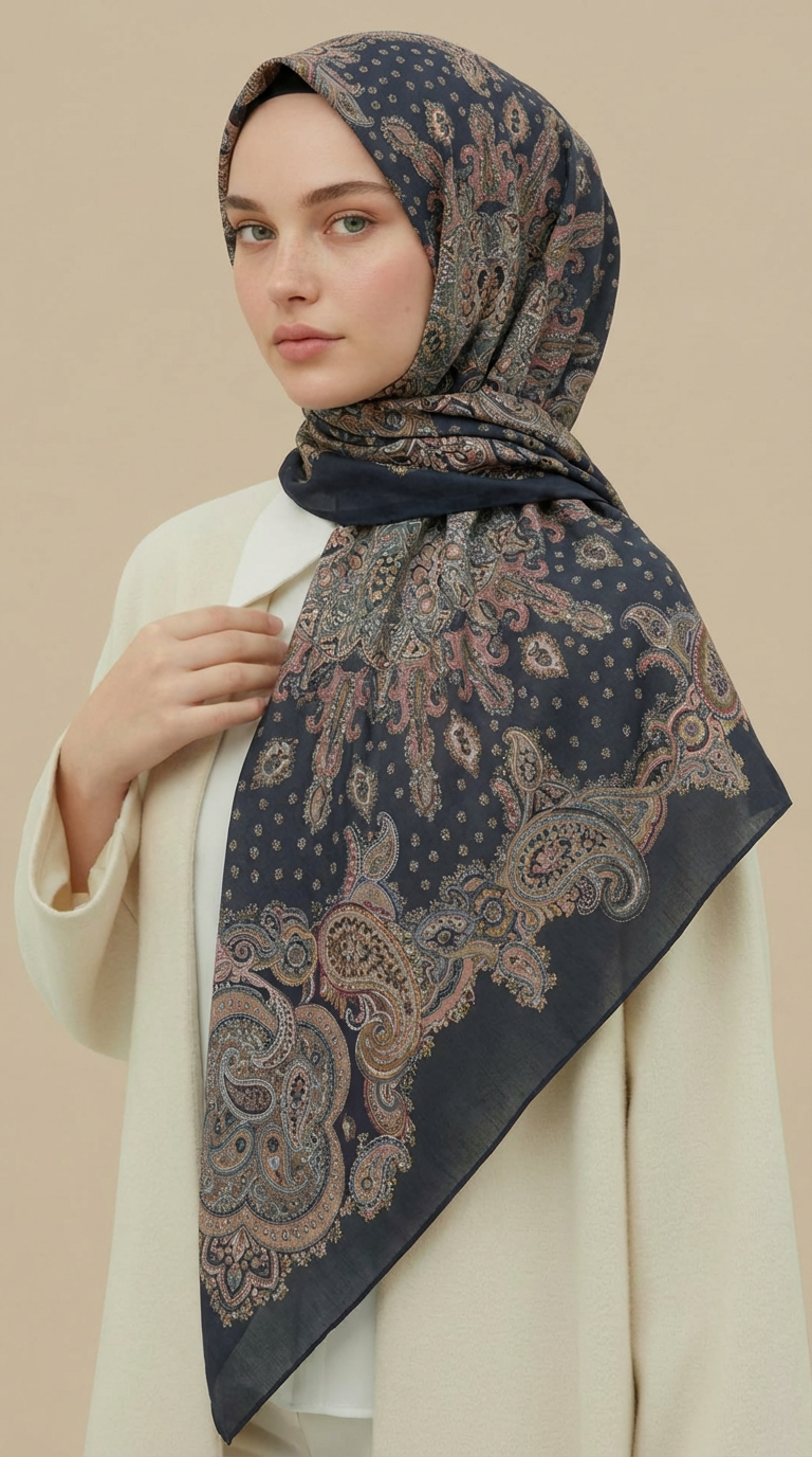 LAVİNİA DESENLİ 120*120 CM COTTON EŞARP   - HAKİ 