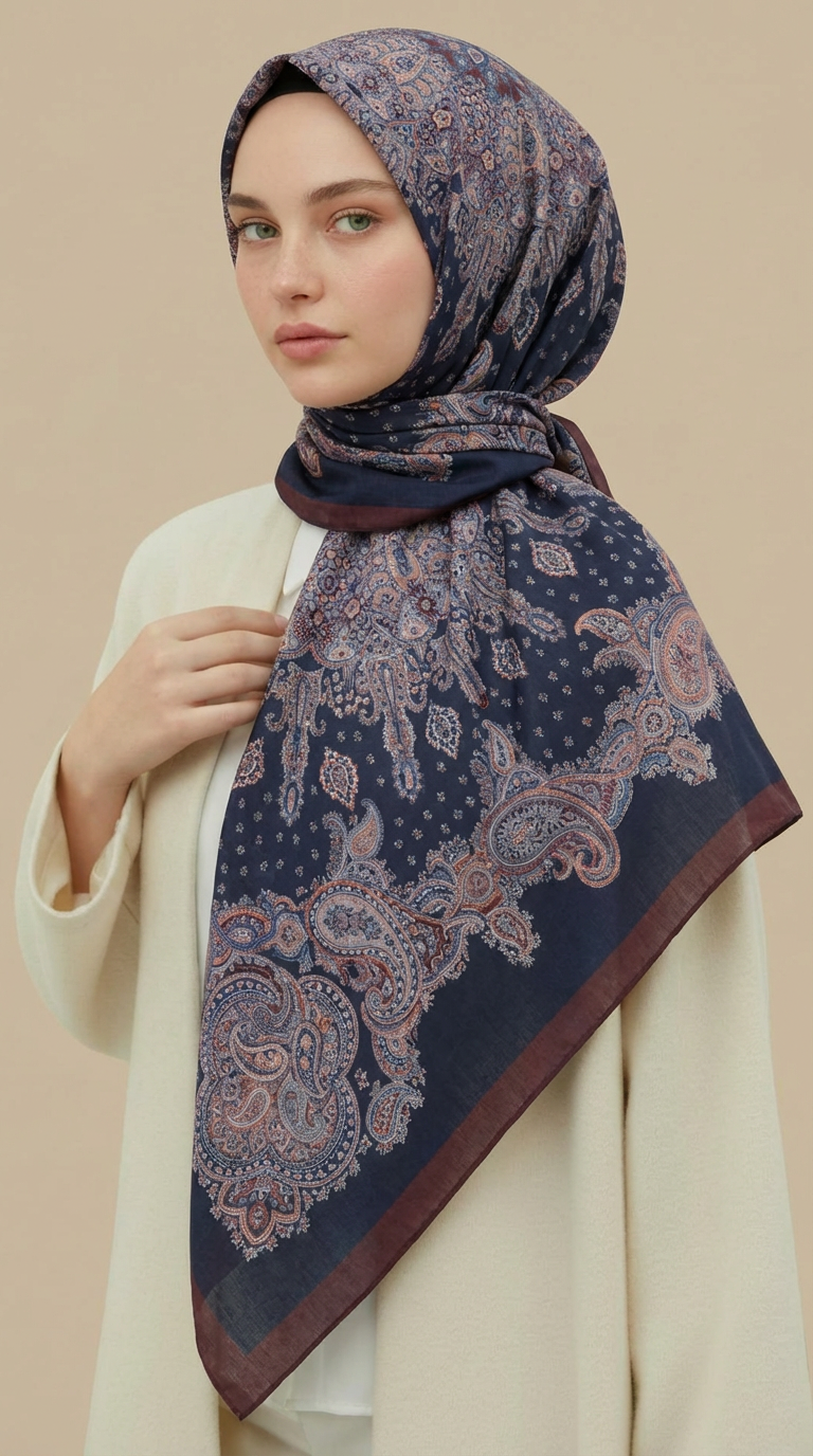 LAVİNİA DESENLİ 120*120 CM COTTON EŞARP   - LACİVERT / BORDO