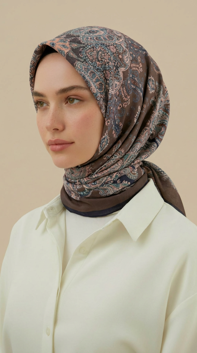 LAVİNİA DESENLİ 120*120 CM COTTON EŞARP   - KAHVERENGİ