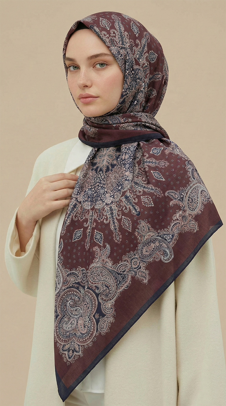 LAVİNİA DESENLİ 120*120 CM COTTON EŞARP   -BORDO 