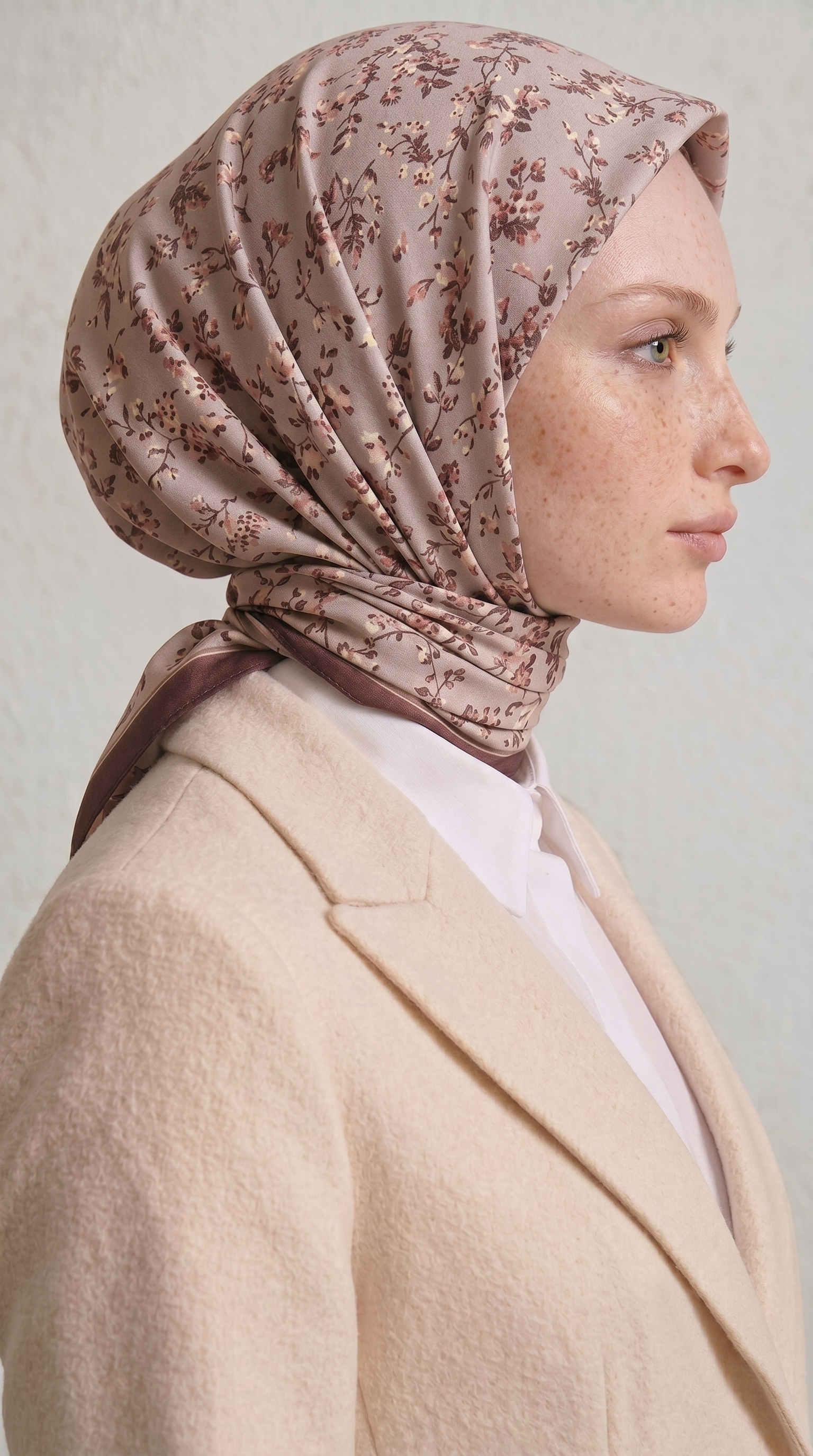 LİLYA DESENLİ ÇİÇEK DESENLİ İPEK ŞİFON EŞARP - BEJ / KREM