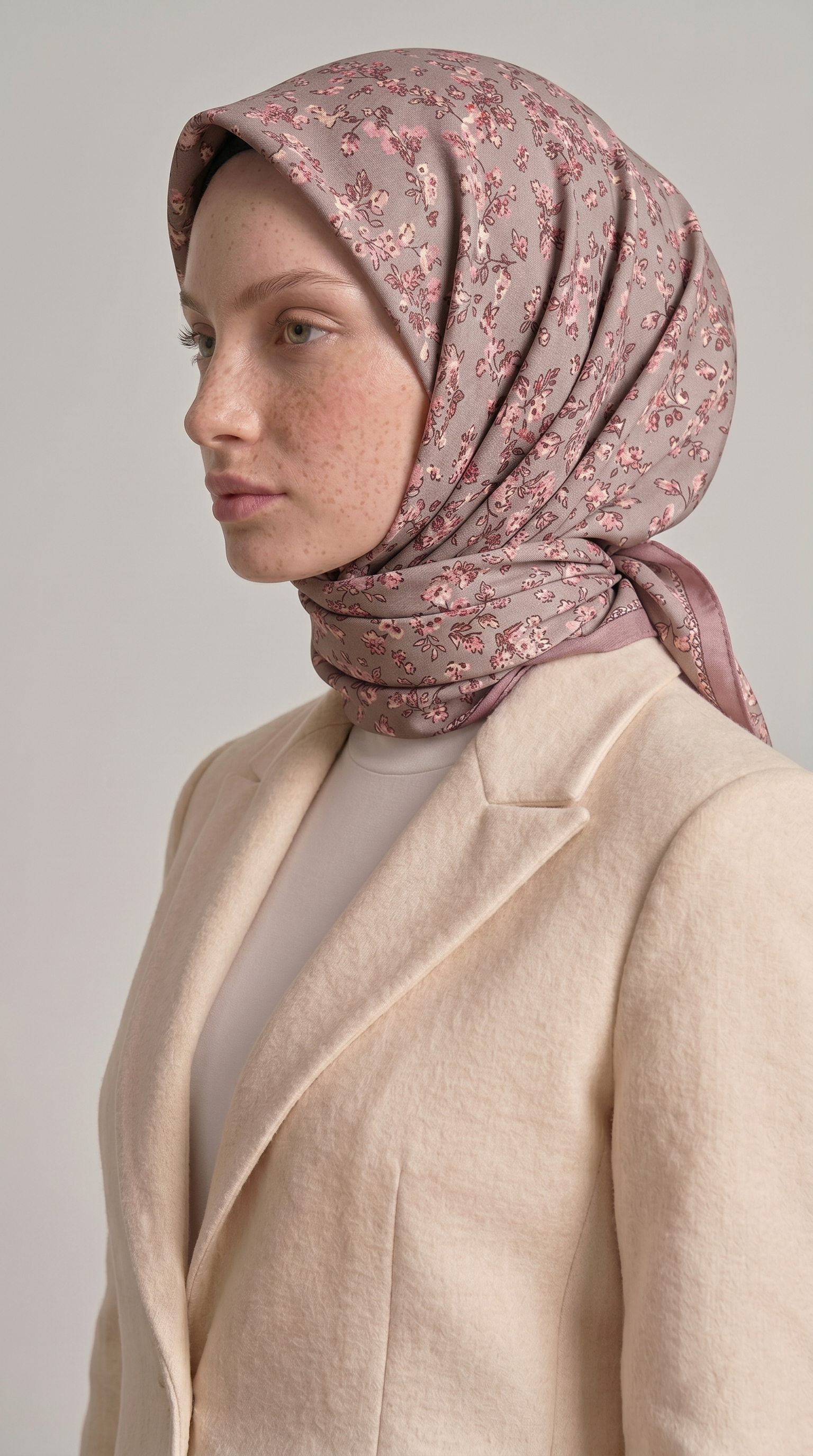 LİLYA DESENLİ ÇİÇEK DESENLİ İPEK ŞİFON EŞARP - BEJ / KREM