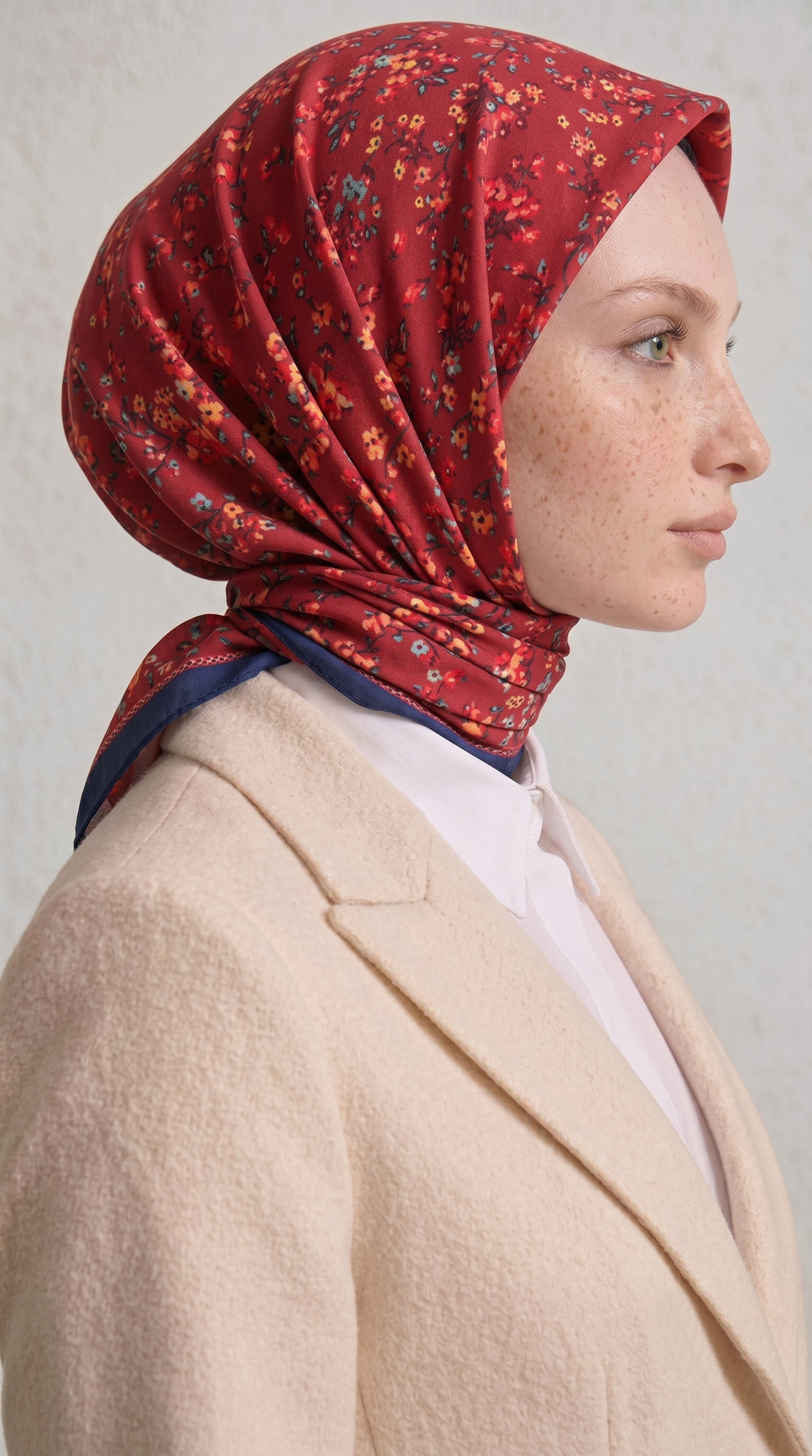LİLYA DESENLİ ÇİÇEK DESENLİ İPEK ŞİFON EŞARP - KIRMIZI / LACİVERT 