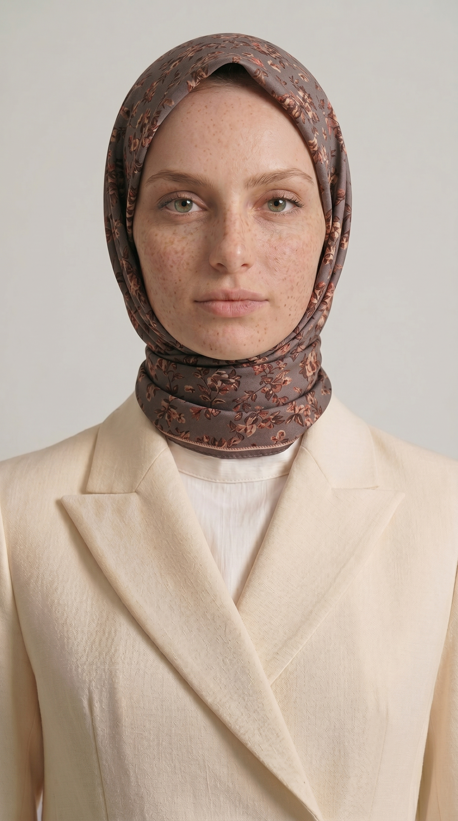 LİLYA DESENLİ ÇİÇEK DESENLİ İPEK ŞİFON EŞARP - BEJ / KREM