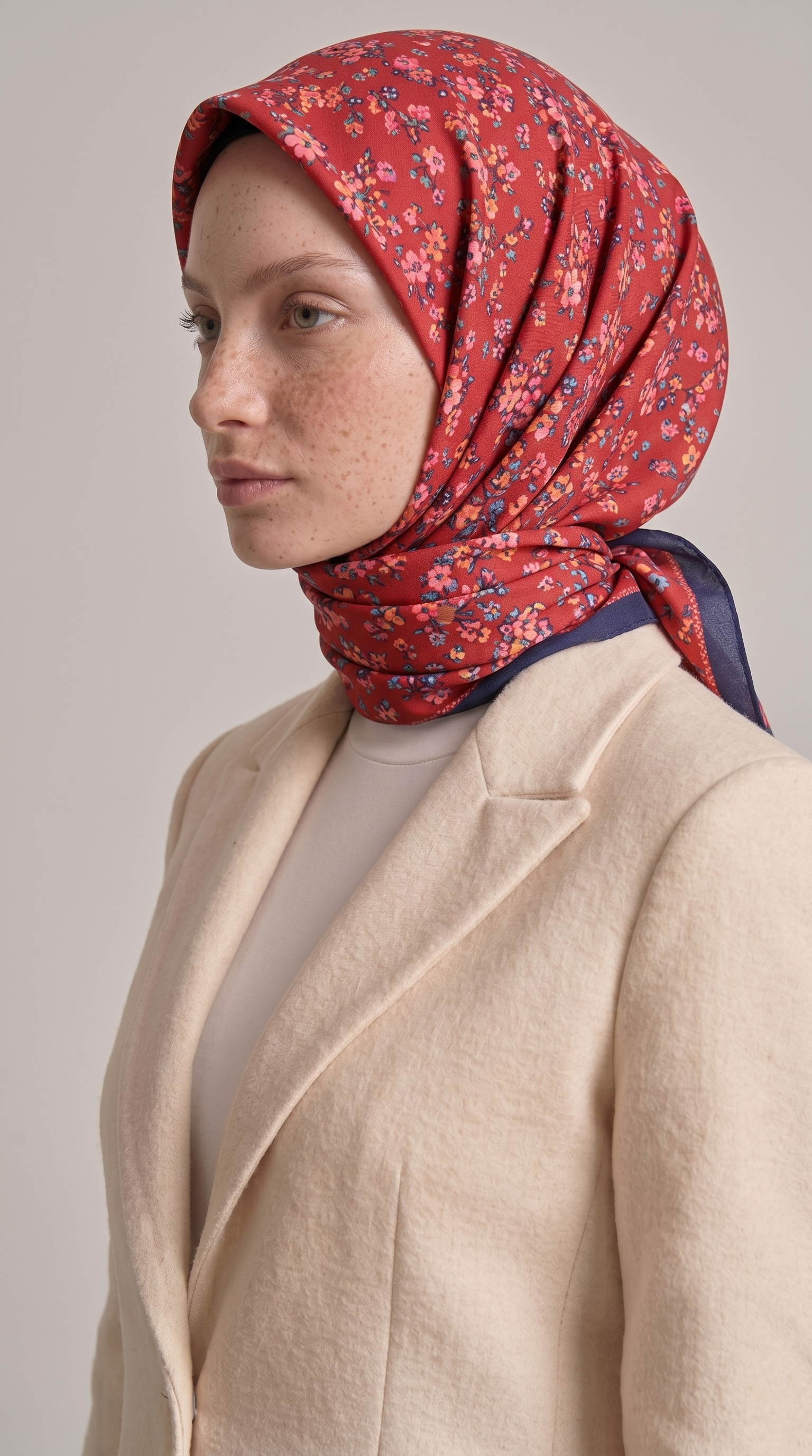 LİLYA DESENLİ ÇİÇEK DESENLİ İPEK ŞİFON EŞARP - KIRMIZI / LACİVERT 
