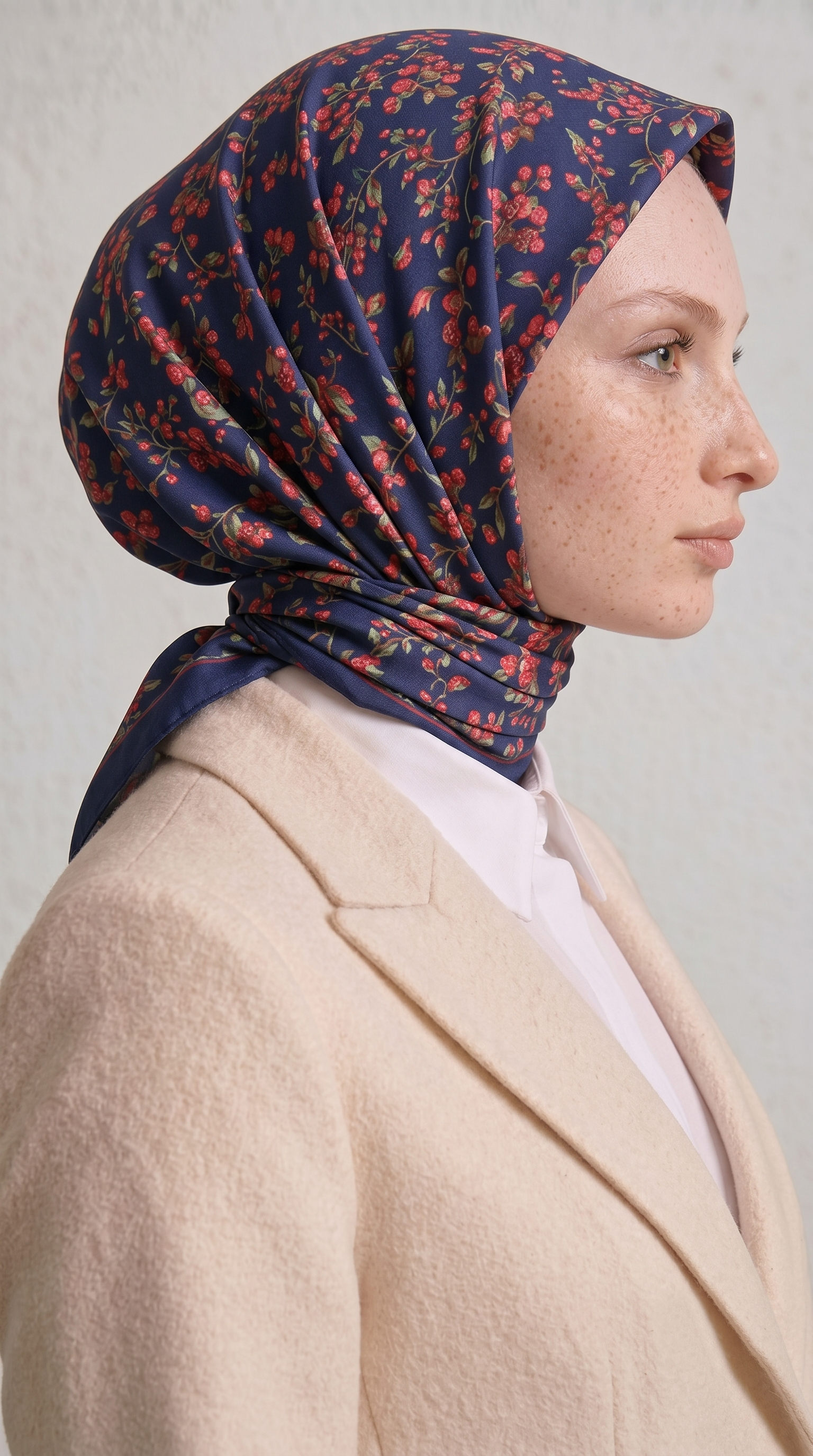 LİLYA DESENLİ ÇİÇEK DESENLİ İPEK ŞİFON EŞARP - LACİVERT / FUŞYA 