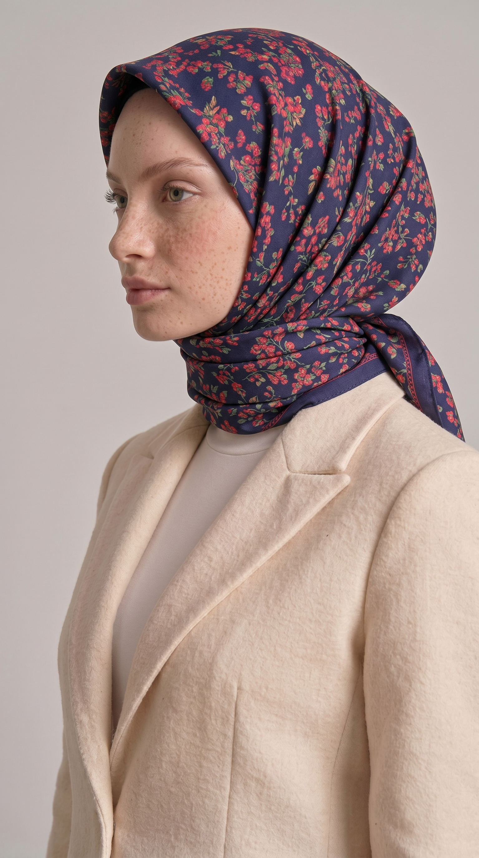 LİLYA DESENLİ ÇİÇEK DESENLİ İPEK ŞİFON EŞARP - LACİVERT / FUŞYA 