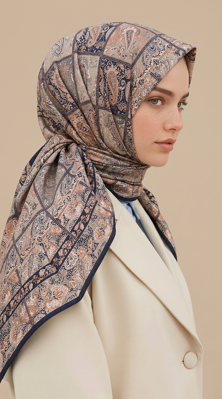 MAVERA 120* 120 CM COTTON EŞARP - LACİVERT / SOMON 