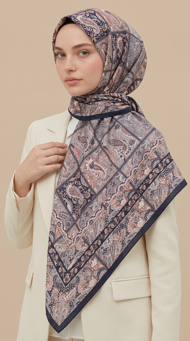 MAVERA 120* 120 CM COTTON EŞARP - LACİVERT / SOMON 