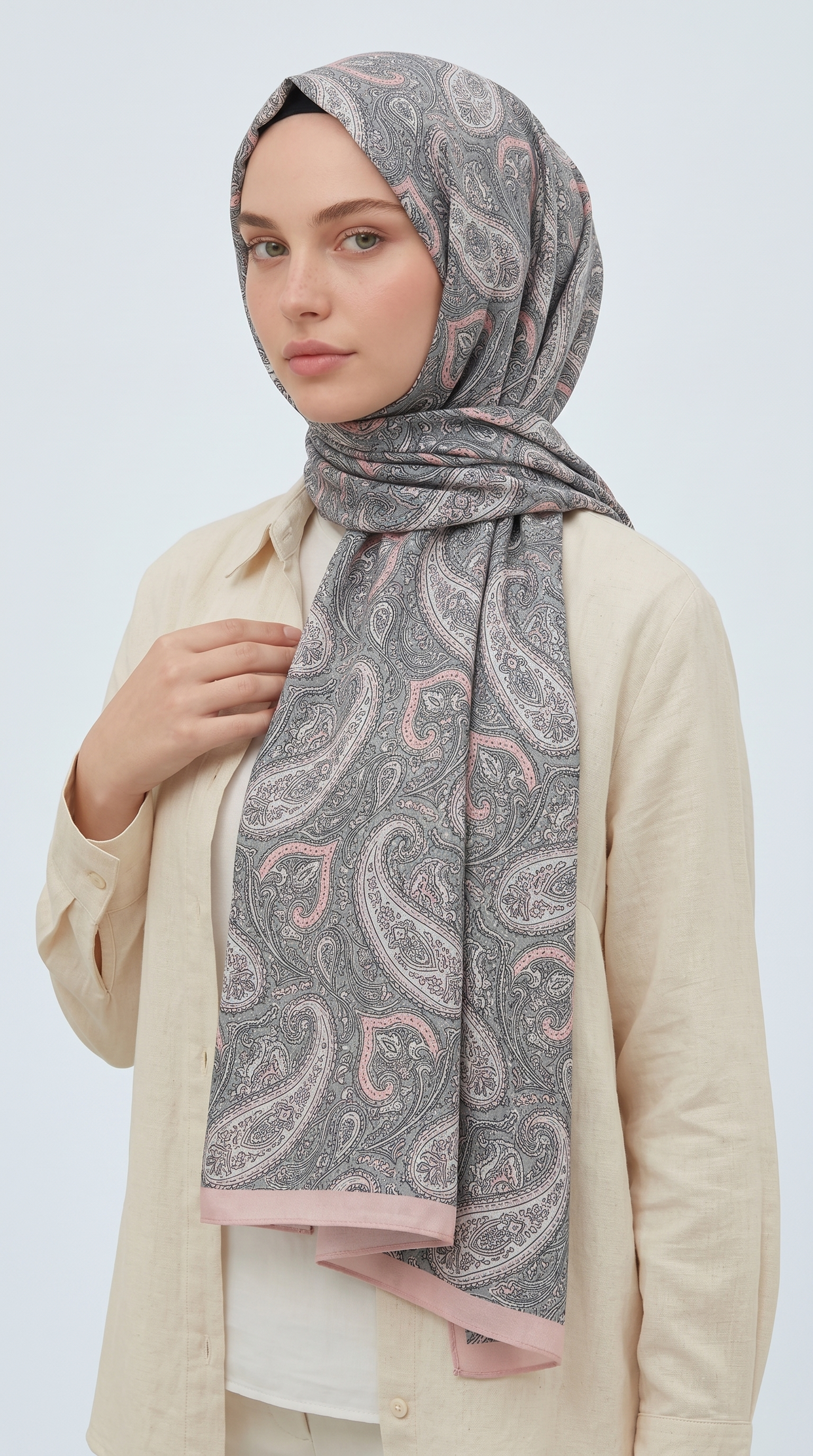 MELORA 120*120 CM COTTON EŞARP -  GRİ / TOZ PEMBE