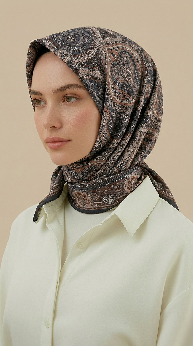 NERİS DESENLİ 120*120 CM COTTON EŞARP -KAHVERENGİ