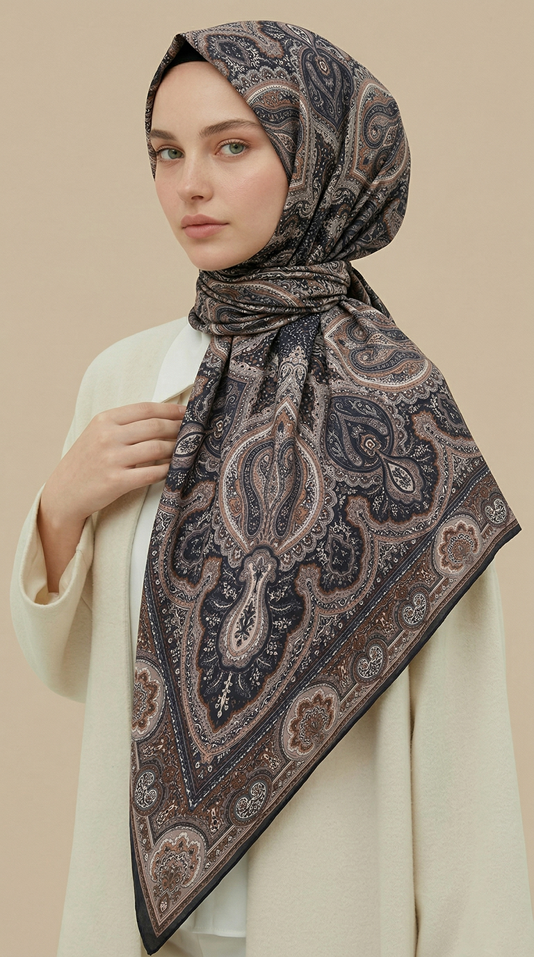 NERİS DESENLİ 120*120 CM COTTON EŞARP -KAHVERENGİ