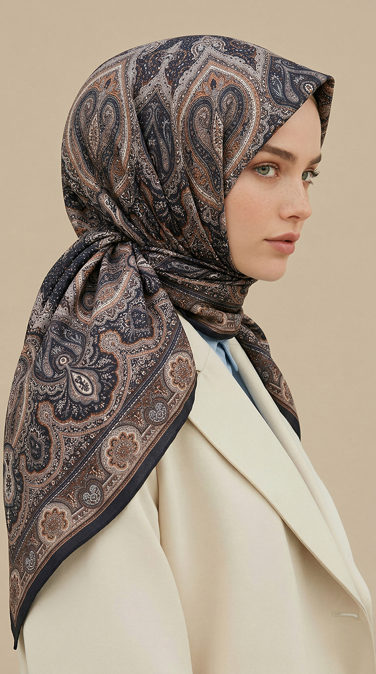 NERİS DESENLİ 120*120 CM COTTON EŞARP -KAHVERENGİ