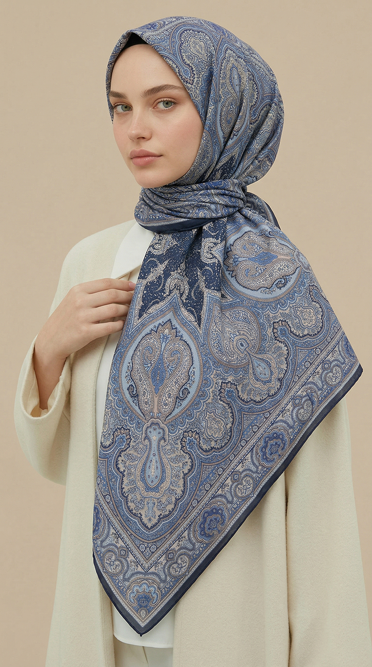 NERİS DESENLİ 120*120 CM COTTON EŞARP - MAVİ 