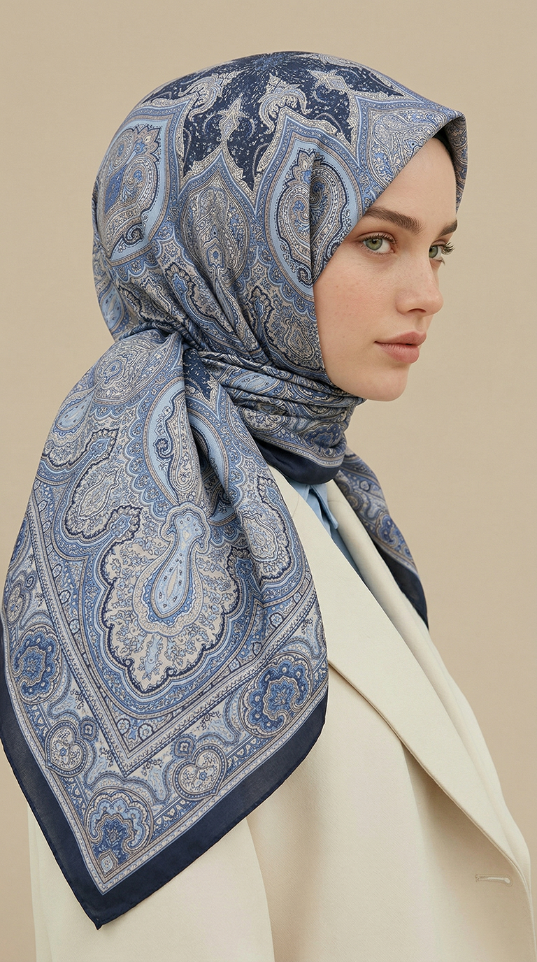 NERİS DESENLİ 120*120 CM COTTON EŞARP - MAVİ 
