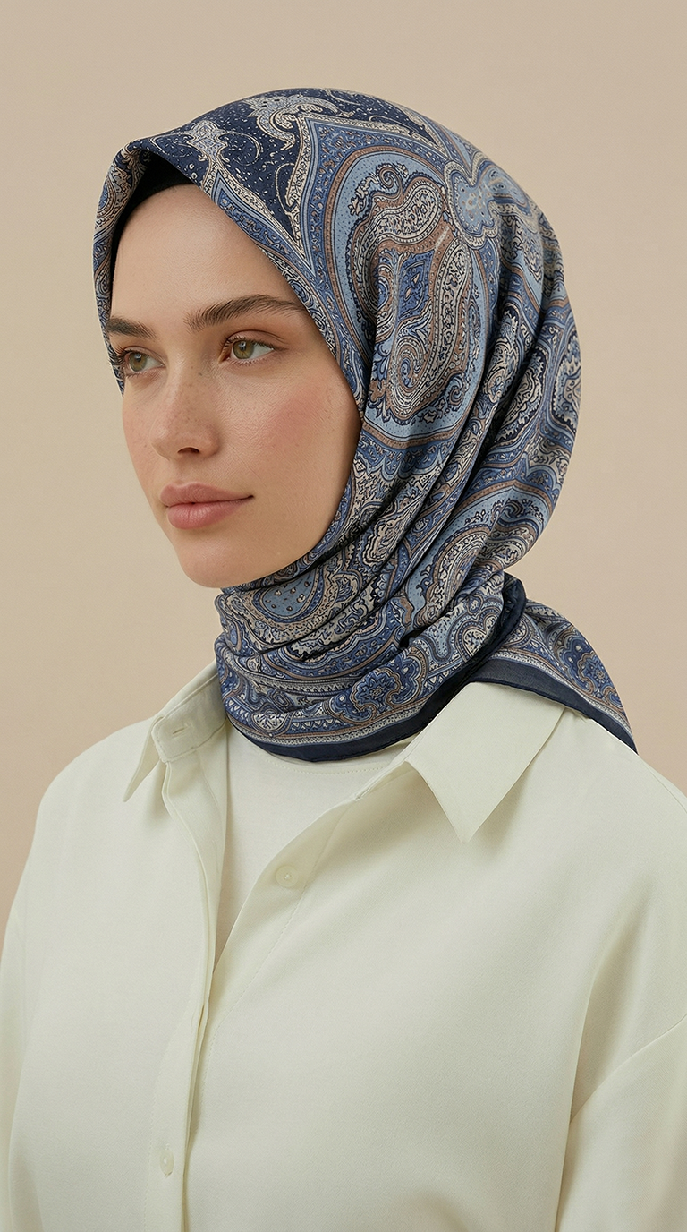 NERİS DESENLİ 120*120 CM COTTON EŞARP - MAVİ 