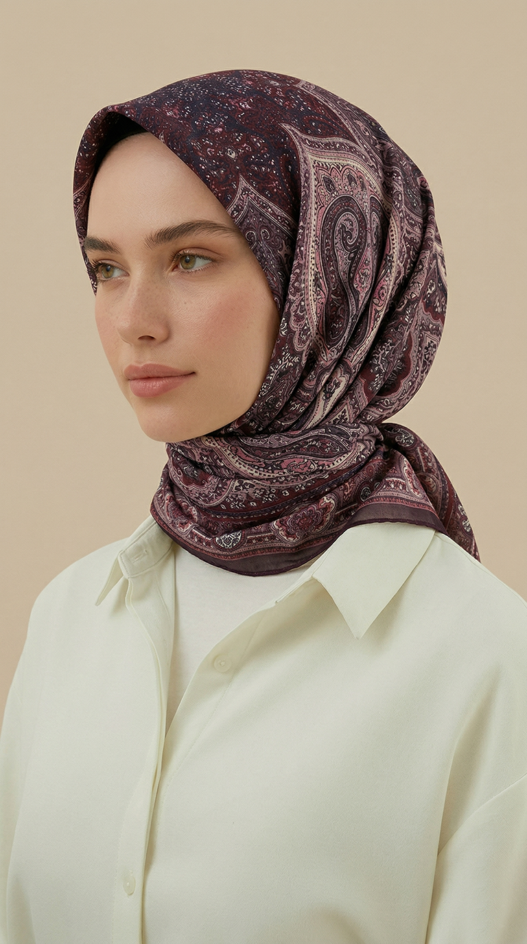 NERİS DESENLİ 120*120 CM COTTON EŞARP -  PEMBE / BORDO