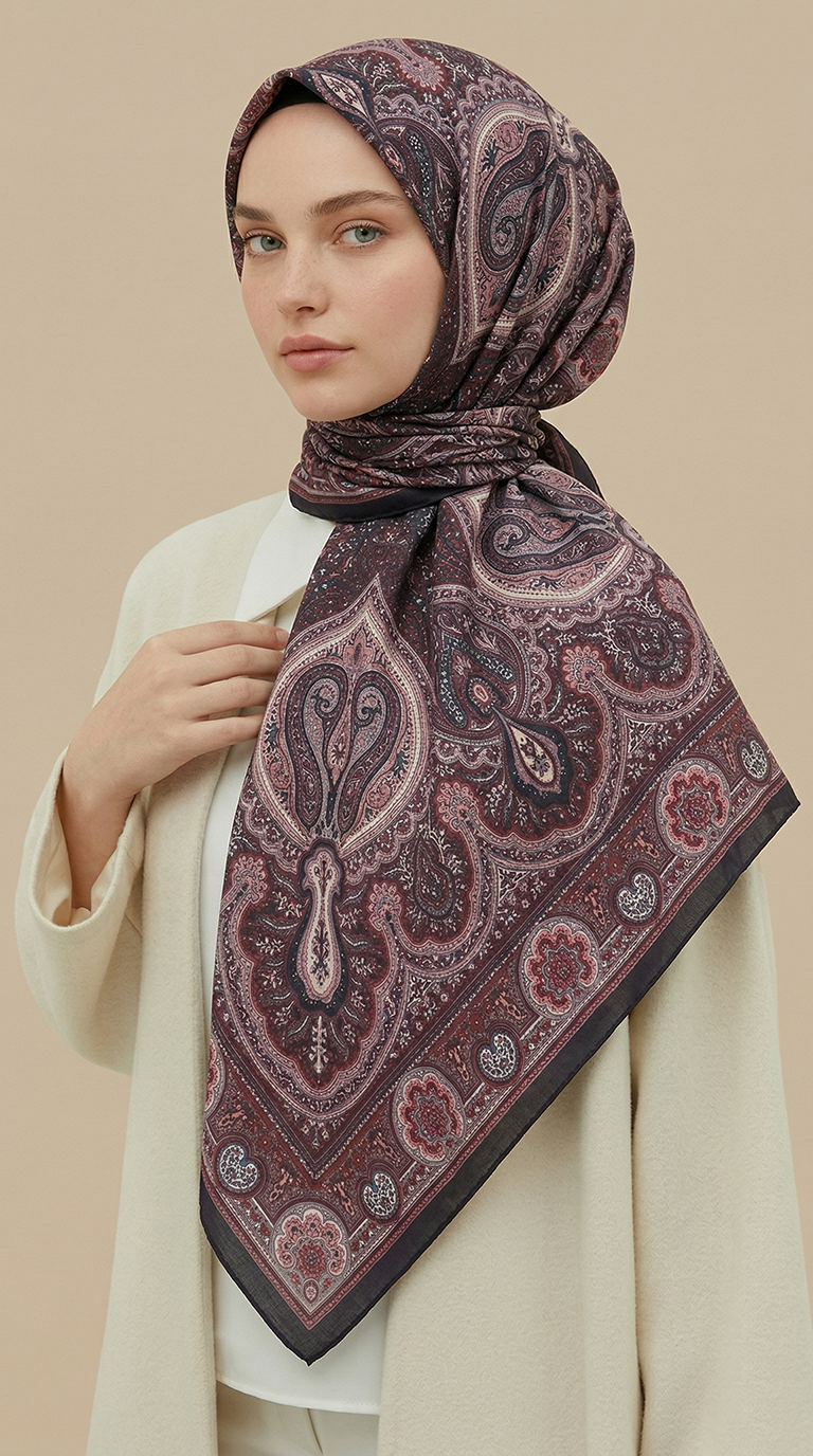 NERİS DESENLİ 120*120 CM COTTON EŞARP -  PEMBE / BORDO