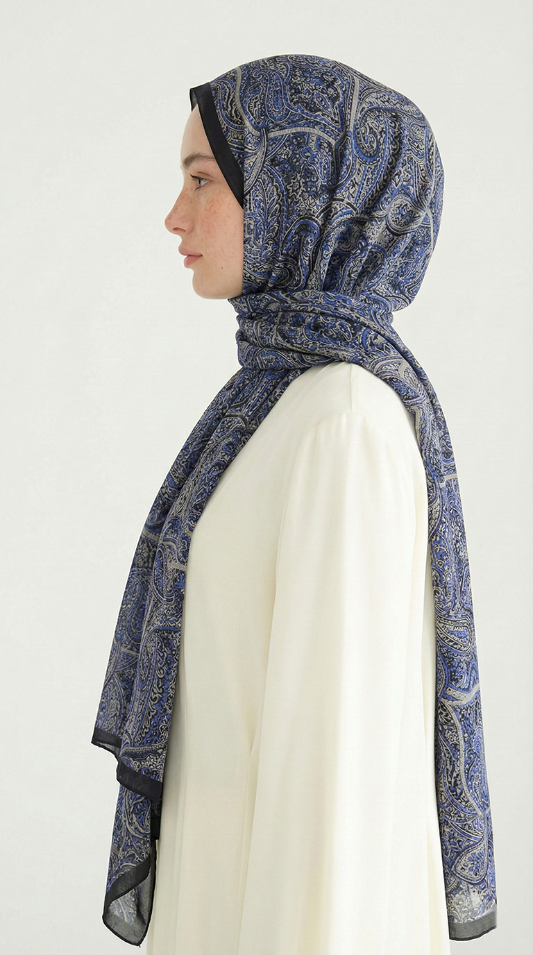 PERA DESENLİ COTTON ŞAL - LACİVERT / KREM 