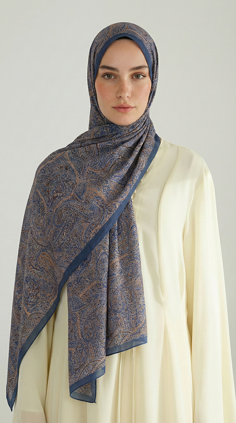 PERA DESENLİ COTTON ŞAL - LACİVERT
