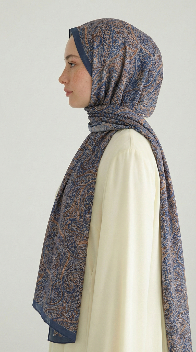 PERA DESENLİ COTTON ŞAL - LACİVERT