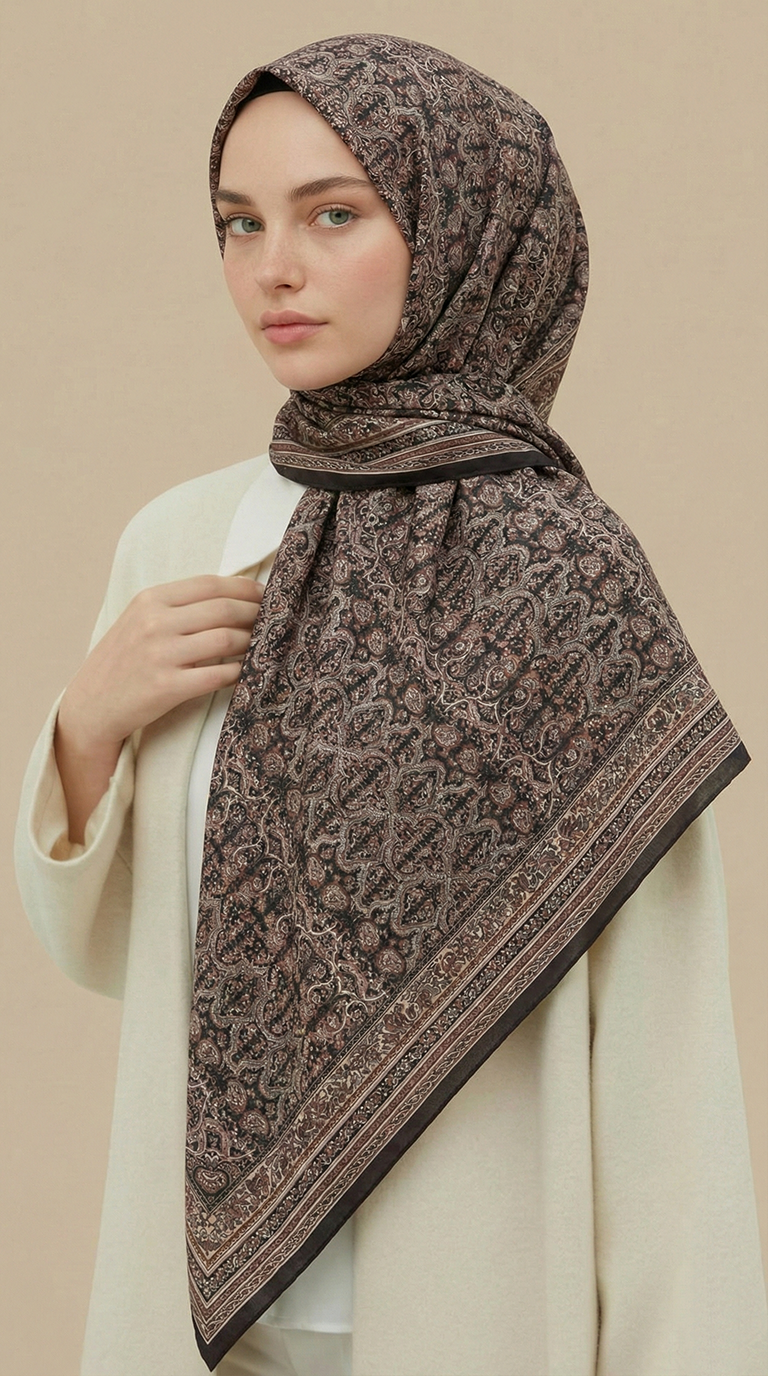 PETRA 120 * 120 CM COTTON ŞAL EŞARP -KAHVERENGİ / KREM