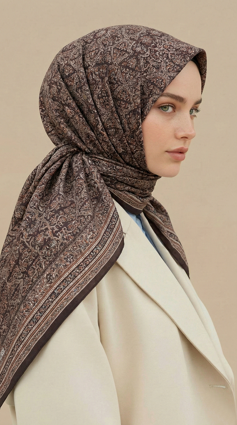 PETRA 120 * 120 CM COTTON ŞAL EŞARP -KAHVERENGİ / KREM