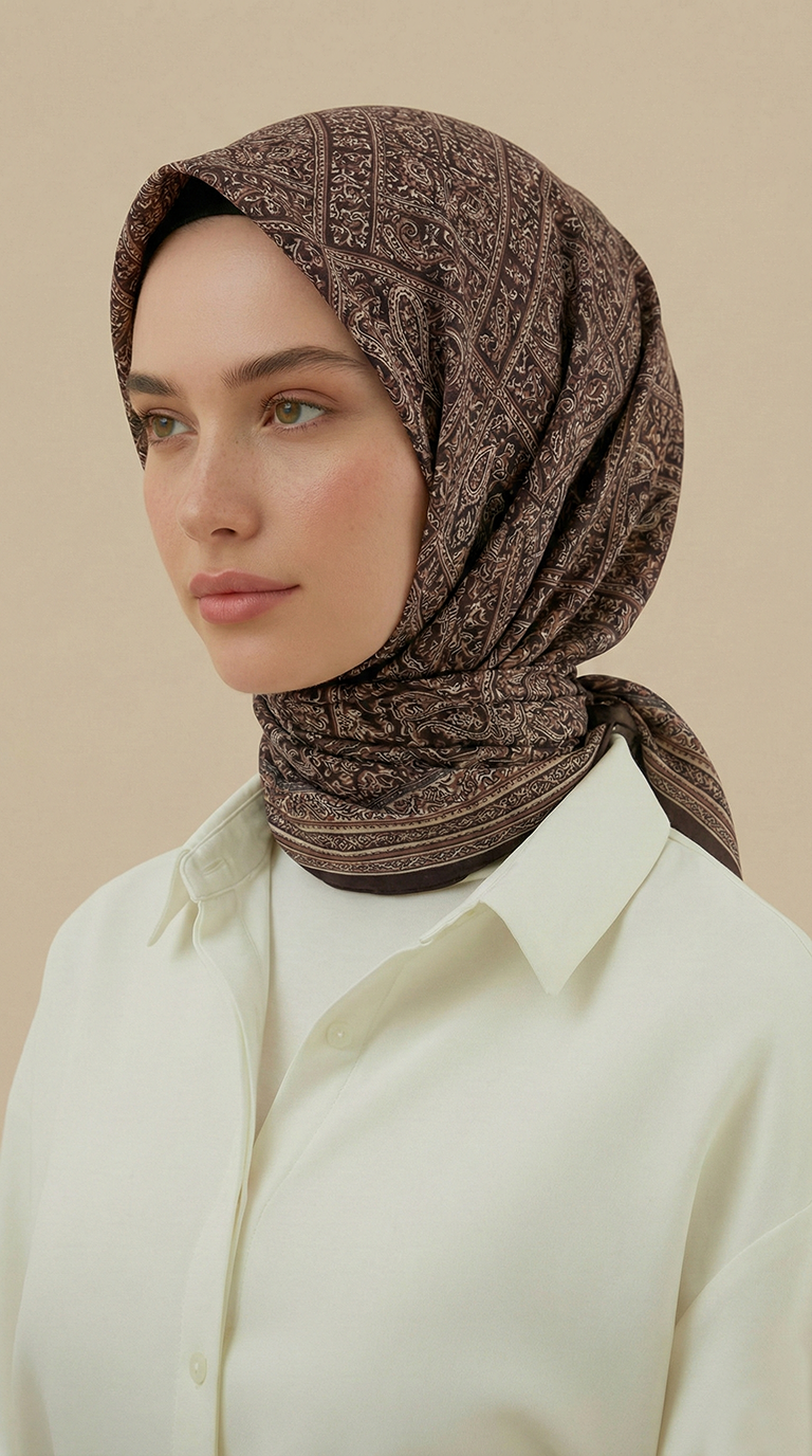 PETRA 120 * 120 CM COTTON ŞAL EŞARP -KAHVERENGİ / KREM