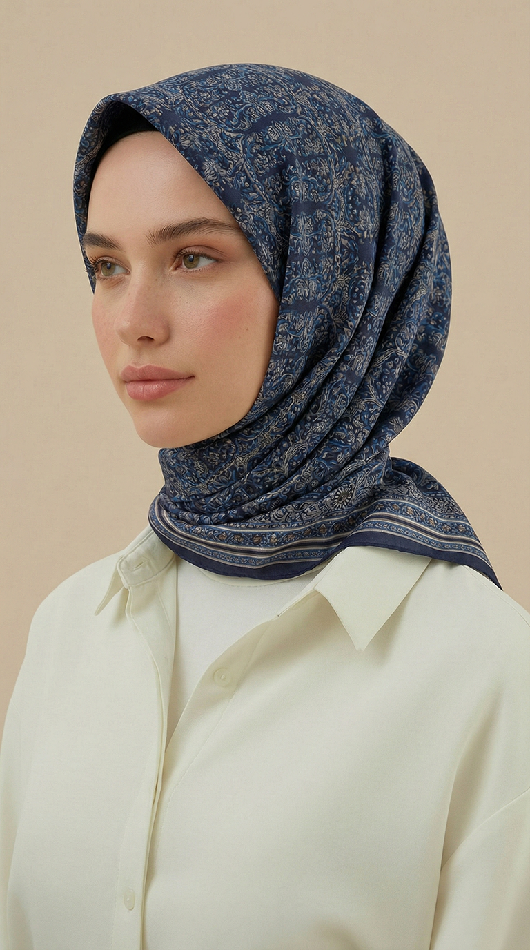PETRA 120 * 120 CM COTTON ŞAL EŞARP - LACİVERT