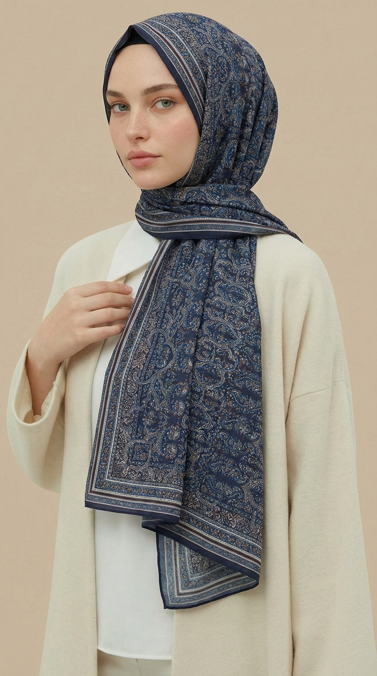 PETRA 120 * 120 CM COTTON ŞAL EŞARP - LACİVERT