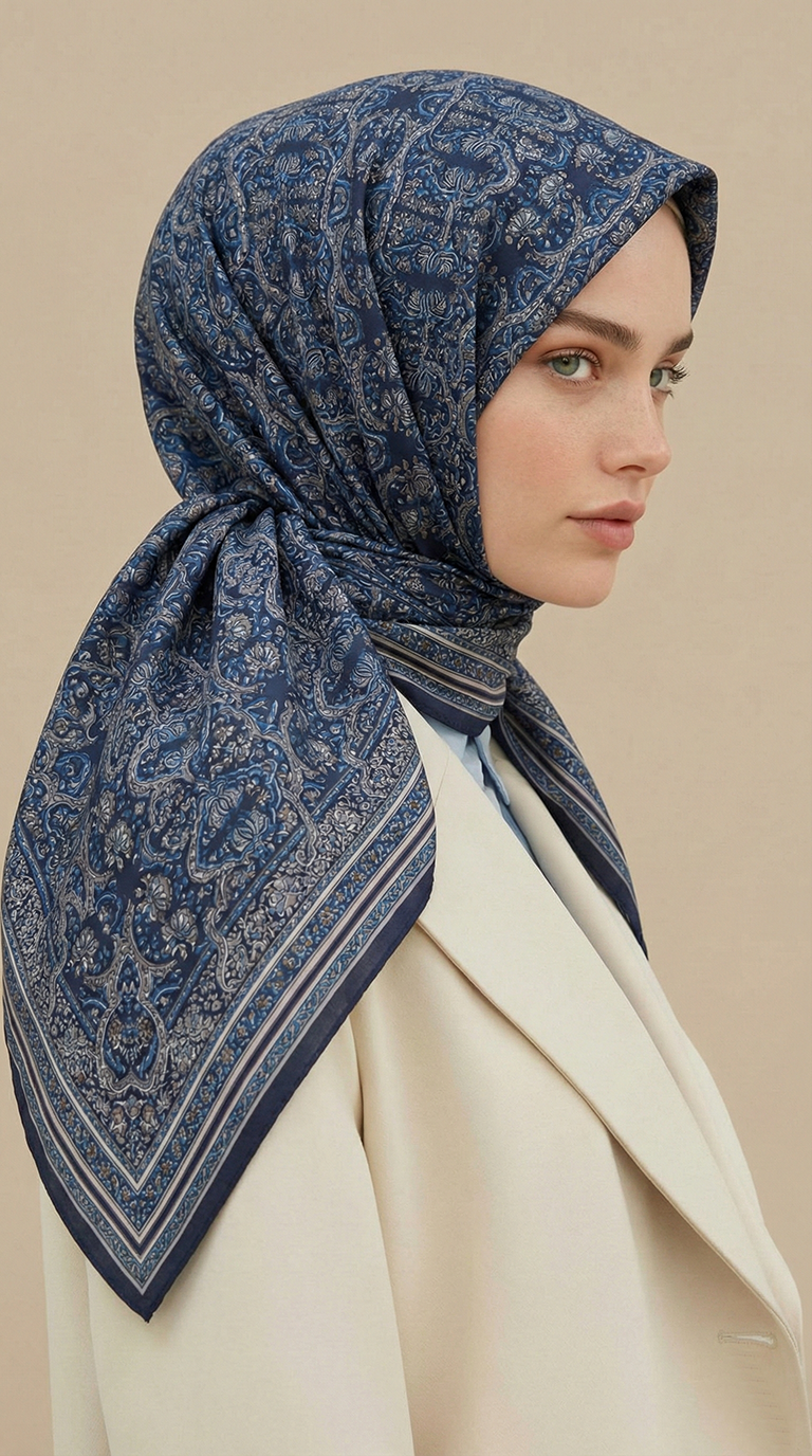PETRA 120 * 120 CM COTTON ŞAL EŞARP - LACİVERT